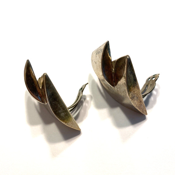 Vintage Mid Century Clip On Earring Chunky 1980s Silver Geometric Art Triangles - Picture 8 of 8